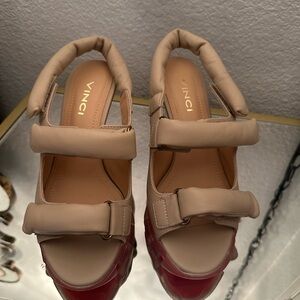 Vinci heels. Leather. Orange soles. Velcro bands Birkenstock style